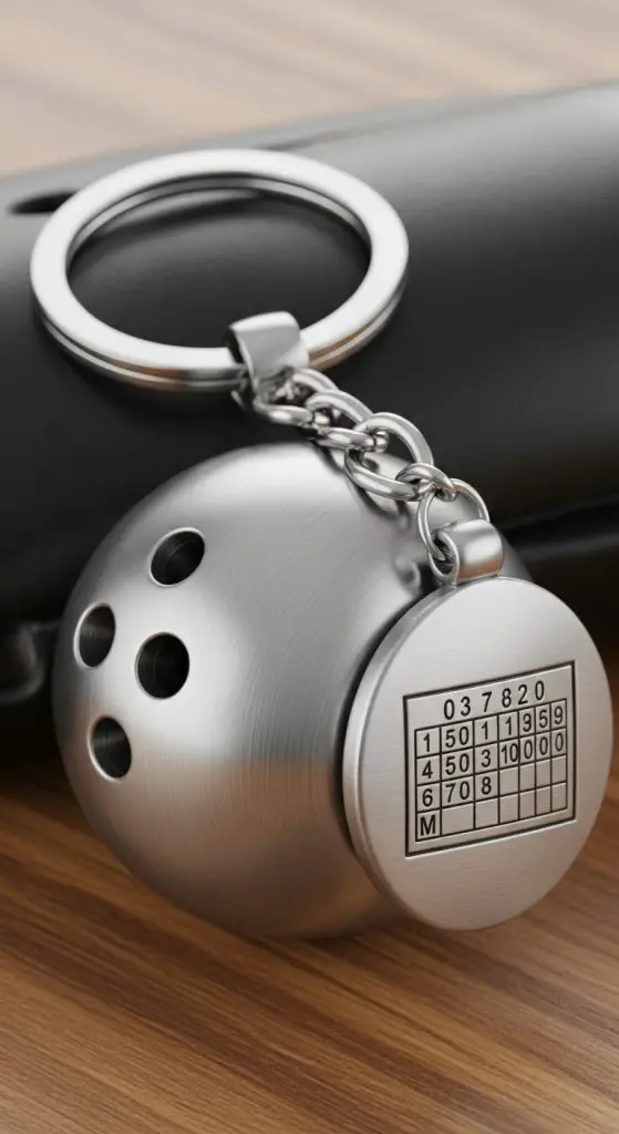 9. Metal Bowling Ball Keychain with Engraved Scoreboard
