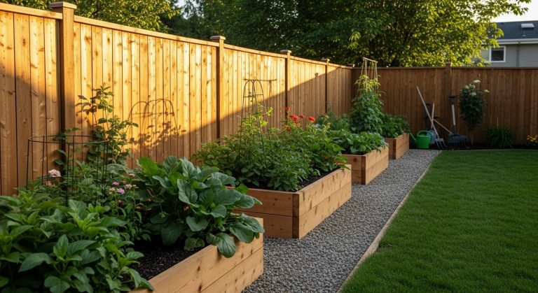 Raised Garden Beds Along Fence