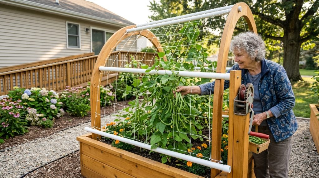 raised garden bed with arched trellis