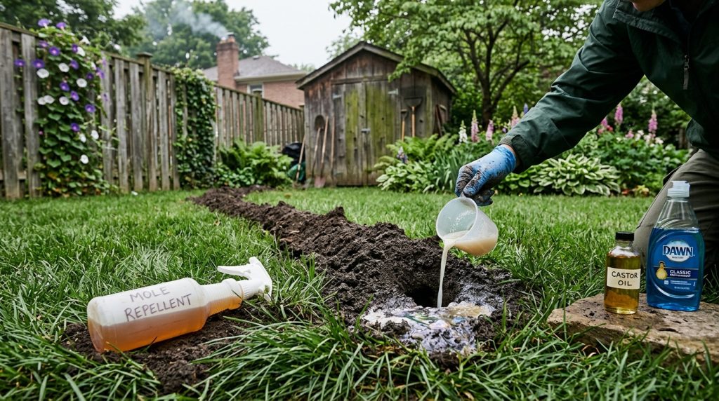 Get Rid of Moles in Yard naturally using Dawn Soap and Castor Oil