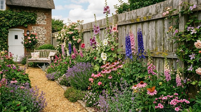 cottage garden along fence
