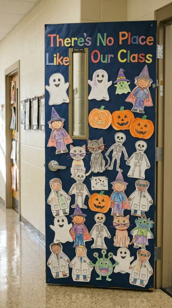 17. Halloween Classroom Door Made From Student Self-Portraits